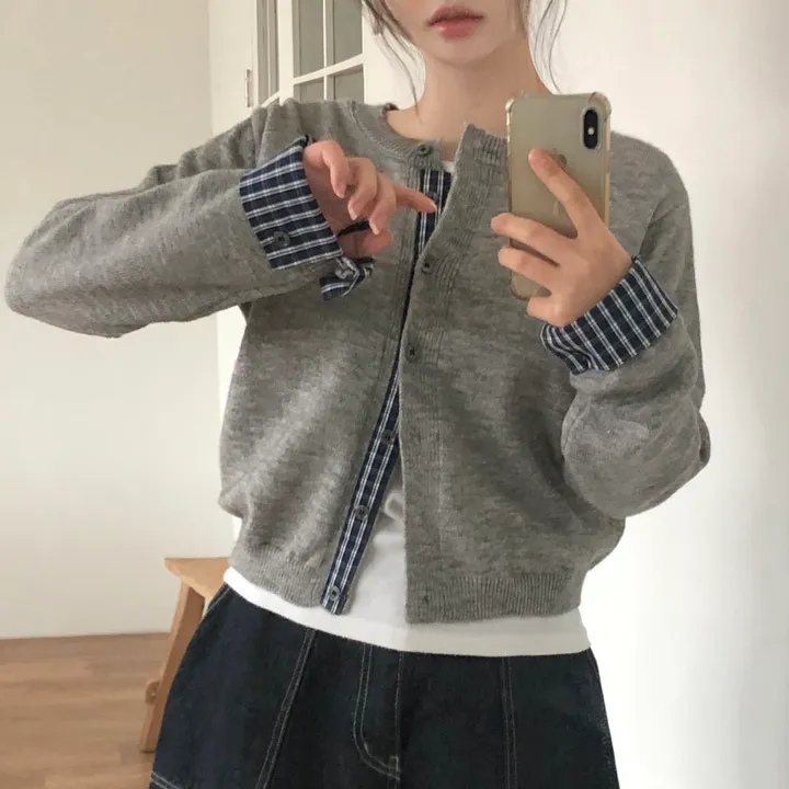 [일체형!]긱시크 체크 배색 레이어드 니트 가디건 2color 상세 이미지 4