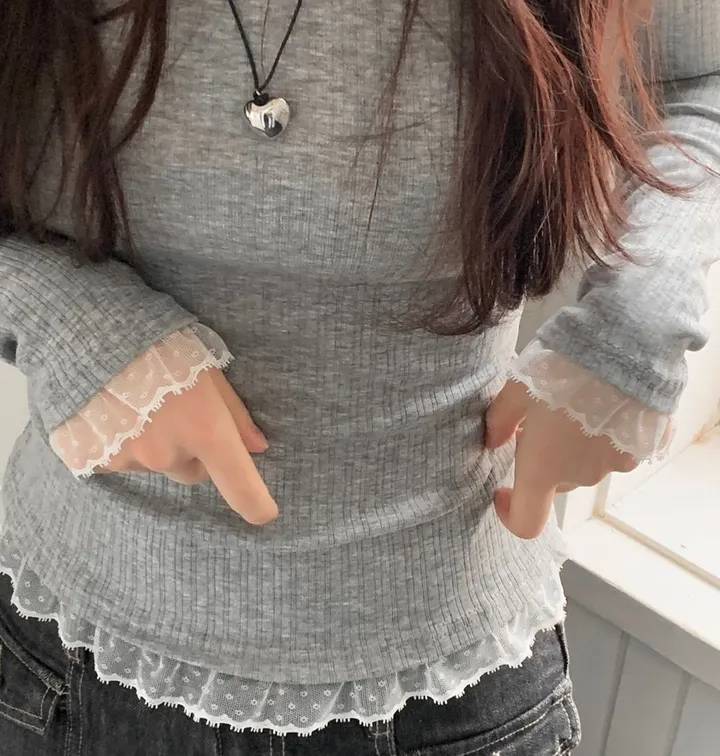 [-3kg🤍여리말라핏]사브리나 여리 레이스 레이어드 프릴 텐션 슬림핏 보트 라운드넥 롱슬리브 티셔츠 4color 상세 이미지 24