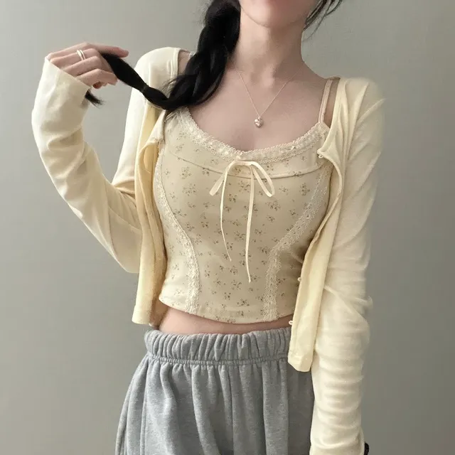 [ 가디건+나시/플라워패턴💛 ] 아미 레이스 플라워 나시,콩단추 가디건set (2col) 상세 이미지 8