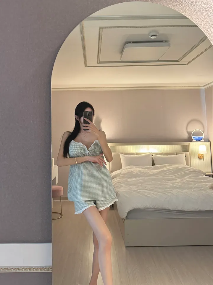 [2color/캡내장] 체크 민소매 반바지 투피스 세트 잠옷 홈웨어 파자마 상세 이미지 16