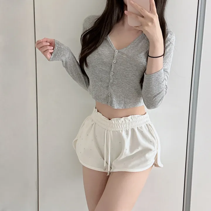 얄포롬🩷*슥걸치는/군살커버* 밀크 텐셀 굴림 크롭 브이넥 버튼 가디건/ 여름상의 얇은긴팔티 여친룩 필라테스 요가 햇빛가리개 대학생 여친룩 상세 이미지 1