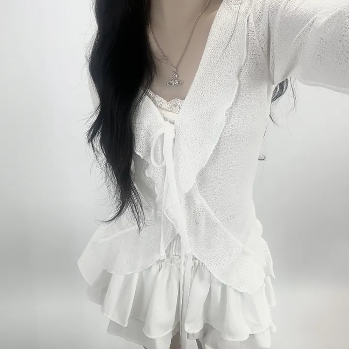 ruffle ribbon lace cardigan 러플 리본 레이스 가디건 (봄가디건, 러블리, 프릴, 니트가디건, 슬림핏, 여리여리) 상세 이미지 13