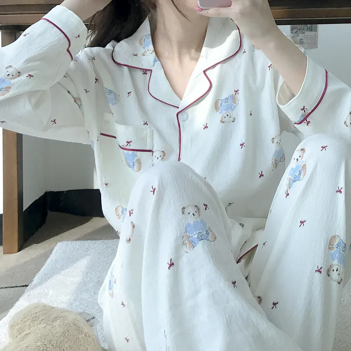 레드곰돌이 리본 긴팔 셔츠 봄 가을 겨울 파자마 잠옷 상하 세트 #B.Night #289 상세 이미지 15