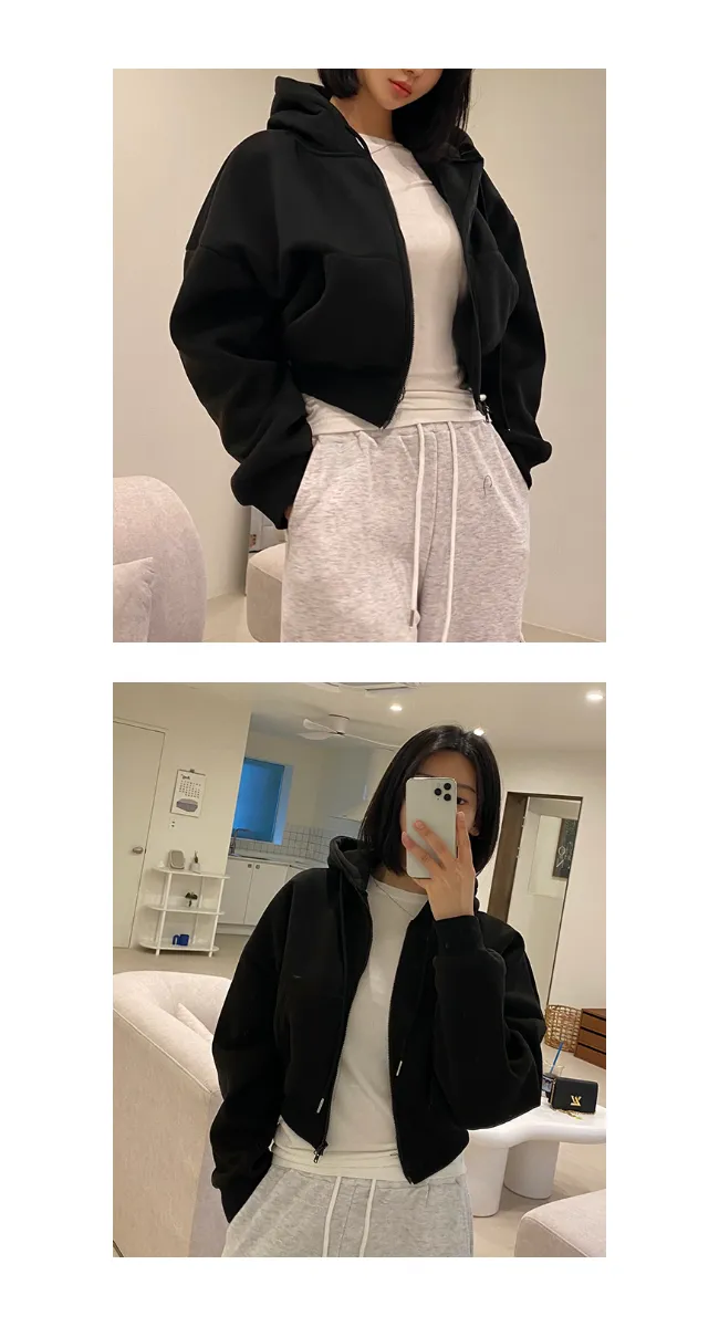 [주문폭주]언더립 기모 오버핏 크롭 투웨이 후드 숏 집업 점퍼(블랙/그레이/차콜) 상세 이미지 9