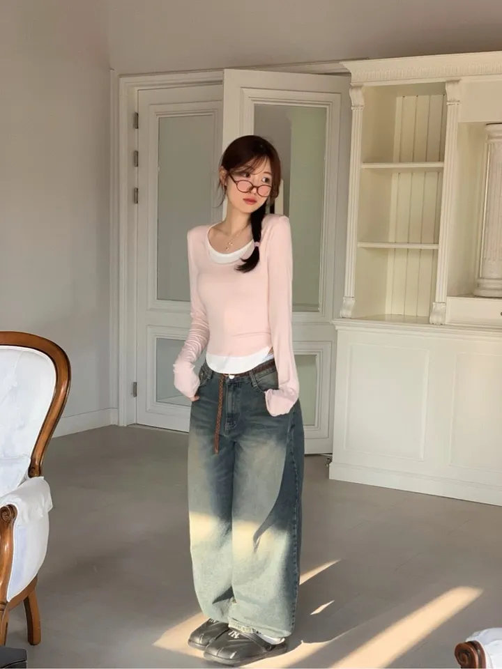 [일체형/스판좋아요/몸매보정핏/부드러워요]요거트 여리핏 텐션 굴림 배색 레이어드 롱슬리브 유넥 티셔츠 4color 상세 이미지 24