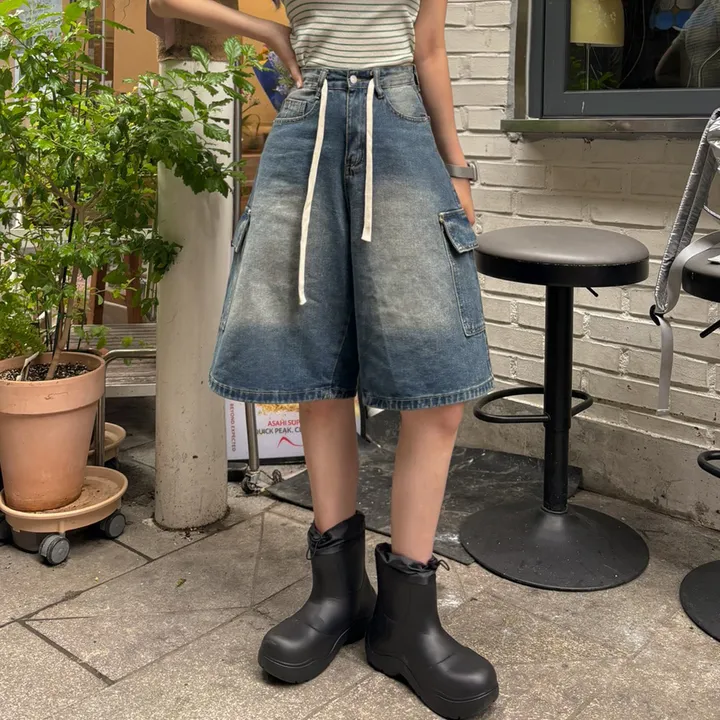 [버뮤다입문👖S~XL] *허리조절* 빈티지 워싱 카고 데님 버뮤다 반바지 5부 숏 팬츠 봄 간절기 청바지 썸머 하프 바지 스트랩 y2k 하이웨스트 하체커버4type 상세 이미지 11