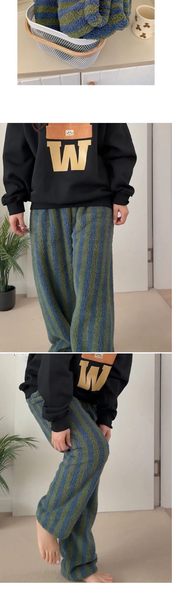 ❄️겨울신상👖 당일발송 버닌 스트라이프 무지 극세사 겨울 커플 긴바지 맨투맨 파자마 팬츠 세트 3color 상세 이미지 17