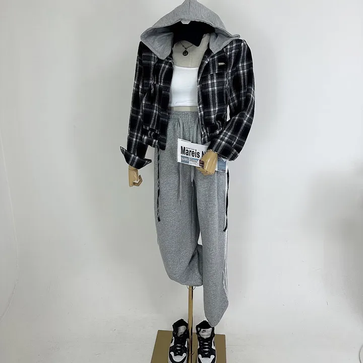 [패드내장/데일리/캐주얼/코디추천템] 크롭 체크 후드 배색 패치 스트링 셔츠 남방 상세 이미지 17