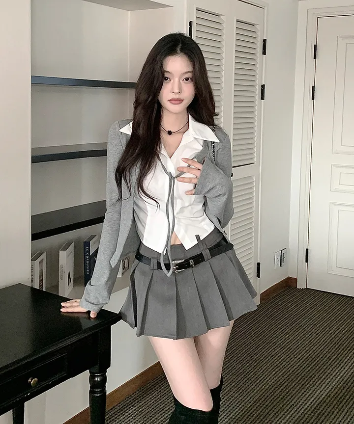 [반팔/긴팔❄일체형💗고퀄ver] 칠리 셔츠 가디건 일체형 레이어드 리본 슬림핏 긴팔 반팔 티셔츠 가디건 봄 겨울 가을 / 하객룩 출근룩 소개팅룩 데이트룩 클래식블랑 상세 이미지 17