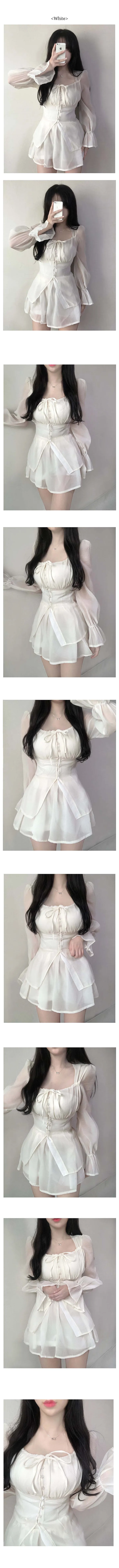 [SET/🔥주문폭주🔥] 러블리 리본 스퀘어 셔링 블라우스 쉬폰 반바지 쇼츠 투피스 세트 2COLOR 상세 이미지 2