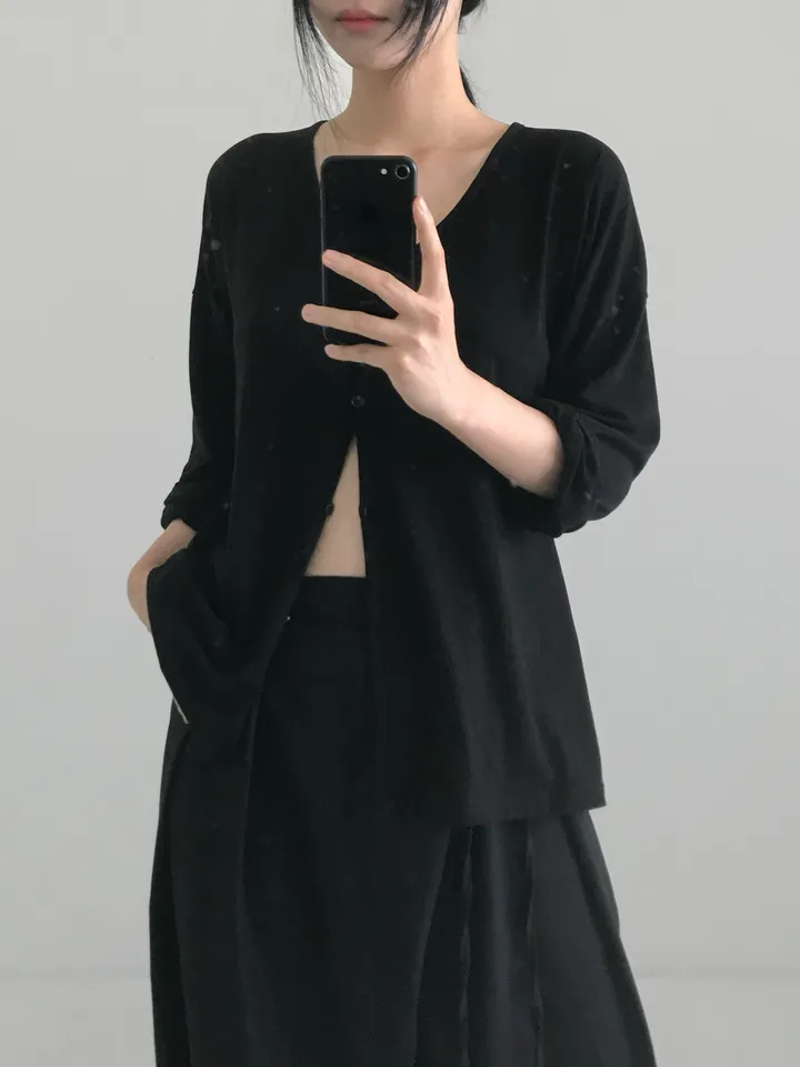 블랙 루즈핏 브이넥 가디건 상세 이미지 3