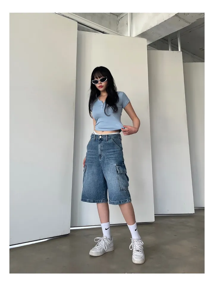 [UNISEX] 카고 데님 청 워싱 버뮤다 반바지 팬츠 (2color) 상세 이미지 13