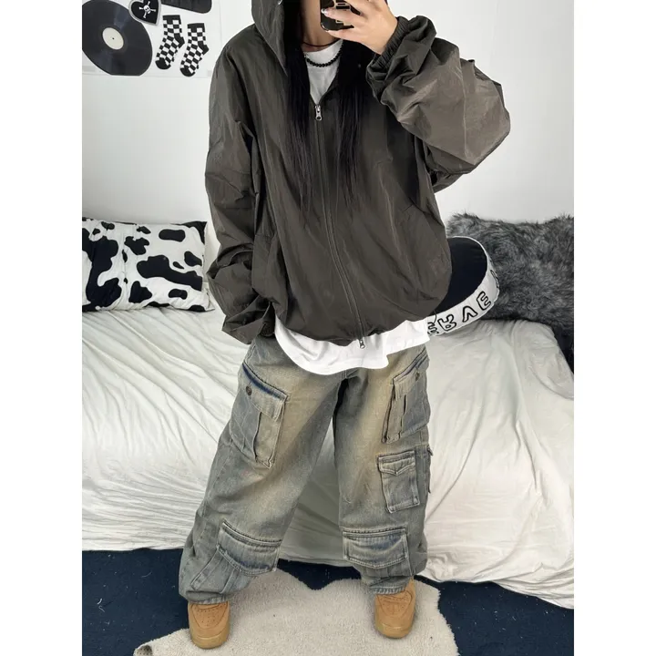 [재진행/UNISEX]고프 후드 루디 컬러 힙 윈드 집업 점퍼(chacoal,wine,blue) 상세 이미지 8