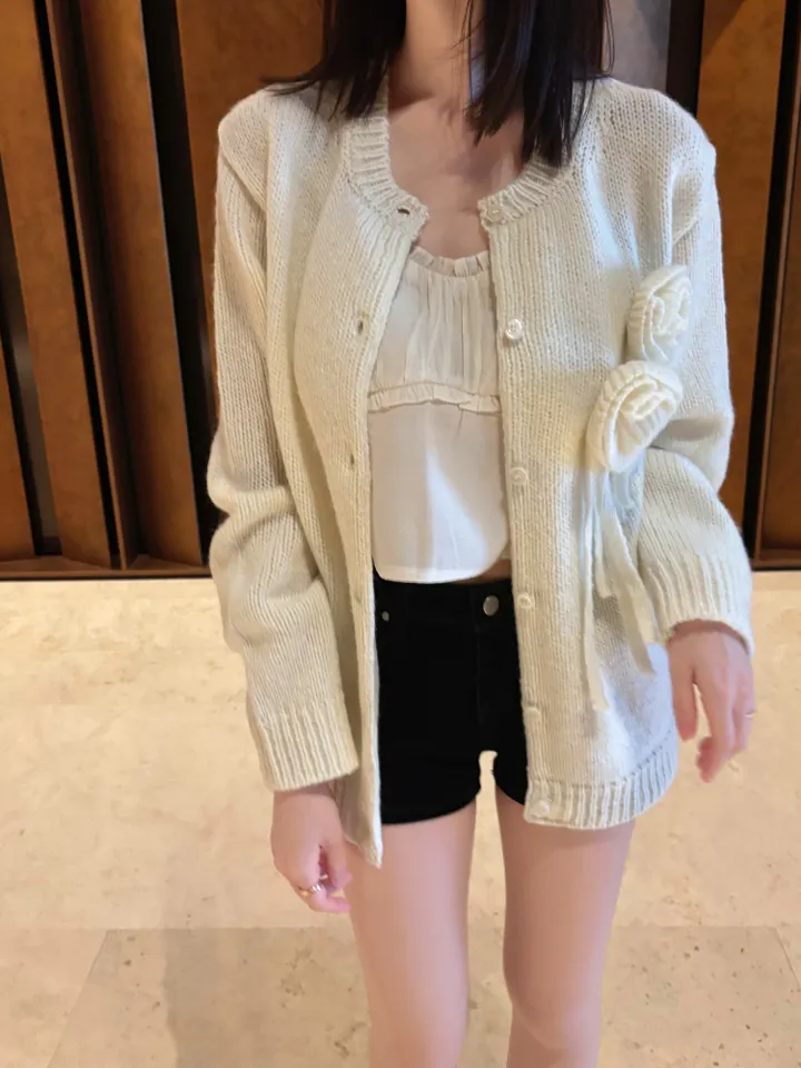 🌺제니 핀터레스트 무드 울50 꽃 코사지 루즈핏 가디건 상세 이미지 12