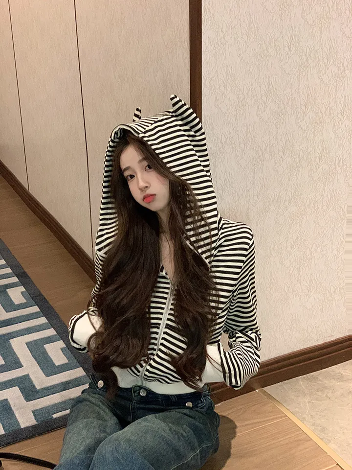 [인기🖤/빈티지]캣츠 스트라이프 후드집업 1color 슬림핏 여리핏 후드 후드집업 단가라 스트라이프 빈티지후드집업 y2k 펑크 고스룩 유니크 크롭 고양이 뿔후드 유니크 봄 상세 이미지 15