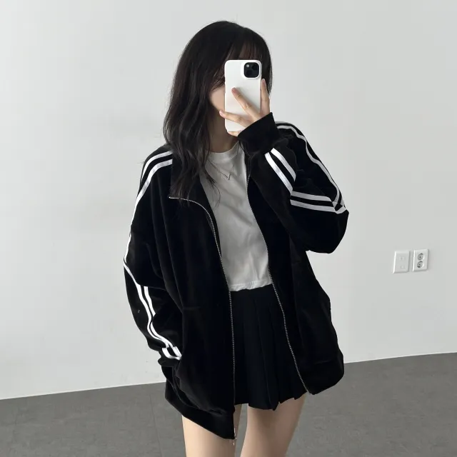 루즈핏 투웨이 지퍼 더블 라인 벨벳 스웨이드 후리스 댄스 트랙탑 져지(4color) 상세 이미지 20