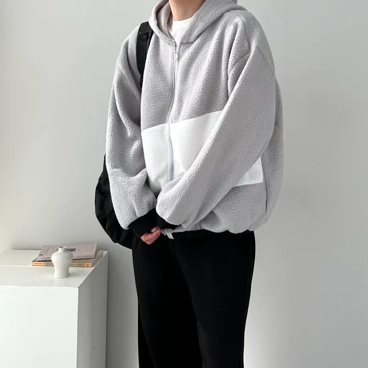 소프트 배색 플리스 집업 자켓 후리스 점퍼 아우터 사선배색플리스후드집업 상세 이미지 10