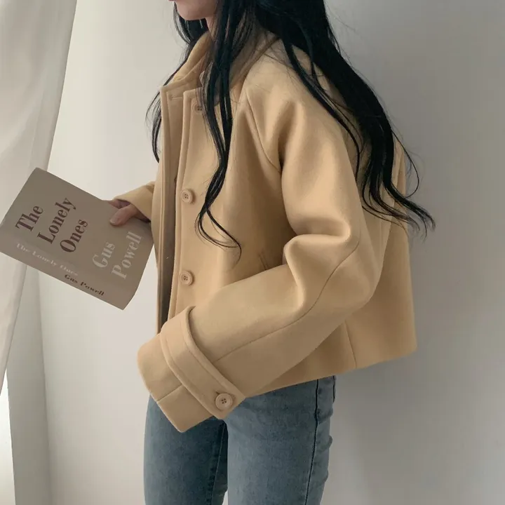 봄가을 크롭재킷 오버핏 아이보리 블랙 싱글버튼 숏코트 상세 이미지 22
