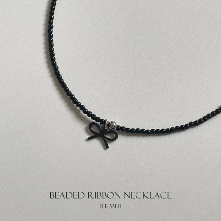 [고퀄!코디추천🖤]비즈 리본 블랙 목걸이 상세 이미지 2