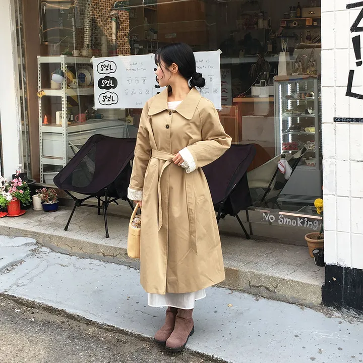 [퀄리티보장/소장추천/벨트set]  루즈핏 롱 트렌치 봄코디 싱글 카라 간절기 아우터 꽃놀이룩 플레즐 투버튼 트렌치 바바리 핀턱 벨트 롱 코트 상세 이미지 2