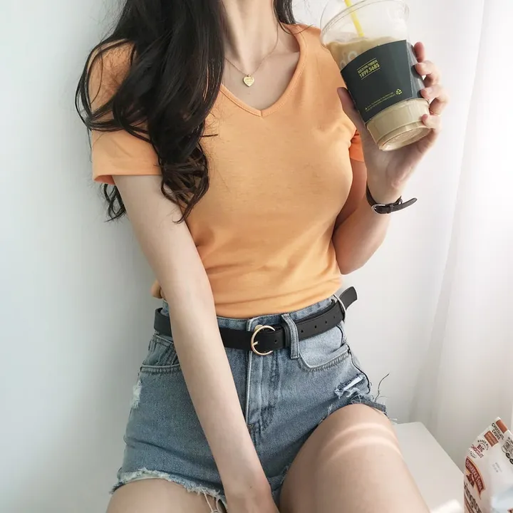 [퀄보장] *오늘출발* 부드러운 크림, 브이넥 무지반팔티 (쫀득핏 슬림 기본 반팔 티셔츠/이너티/기본티/무지티/레이어드티) 상세 이미지 13