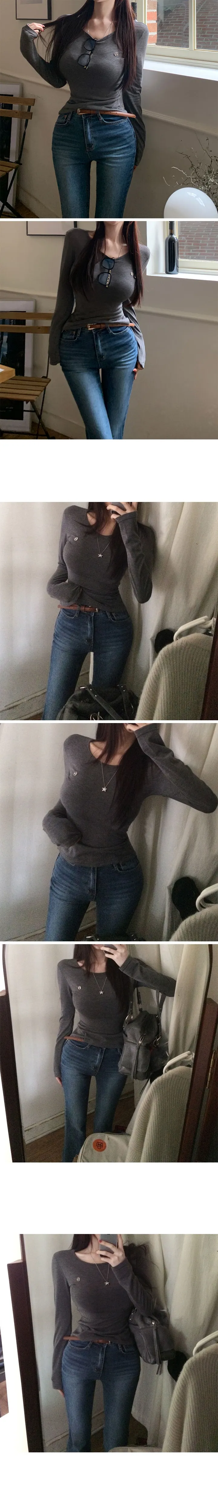 (2size)[매일입는/잘록허리!] made 레터 슬림 라운드 긴팔티 기본티 약기모 상세 이미지 21