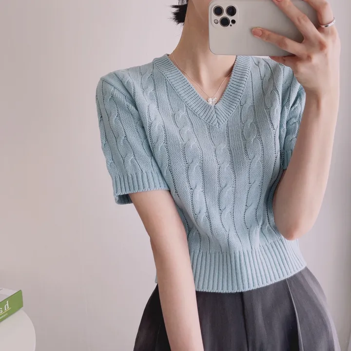 (6color/최저가 보장!) 실물보장! 색감에 반한, 마카롱 꽈배기 브이넥 크롭 반팔 니트 상세 이미지 4