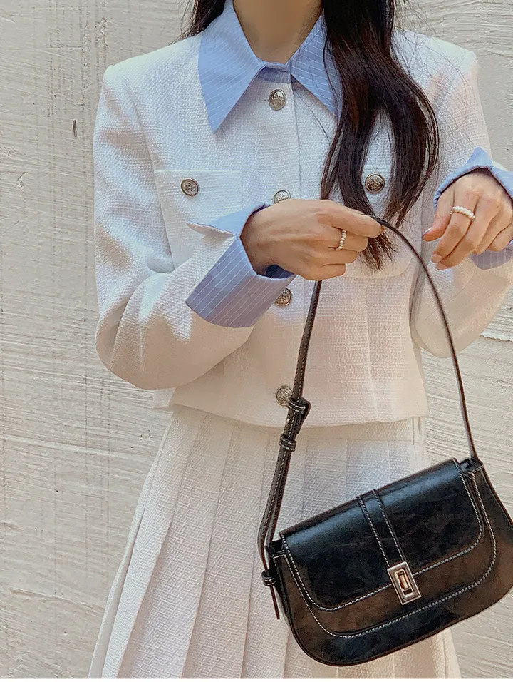 [44-120] [1천장 돌파✨] 루미네르 트위드 배색 카라넥 뒷밴딩 플리츠 투피스 세트 상세 이미지 46