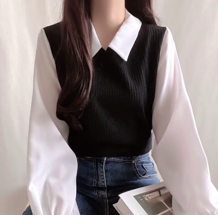[셔츠+니트 일체형!] 포밍 레이어드 카라 벌룬 배색 니트 블라우스 4color 베이지 핑크 소라 블랙 상세 이미지 42