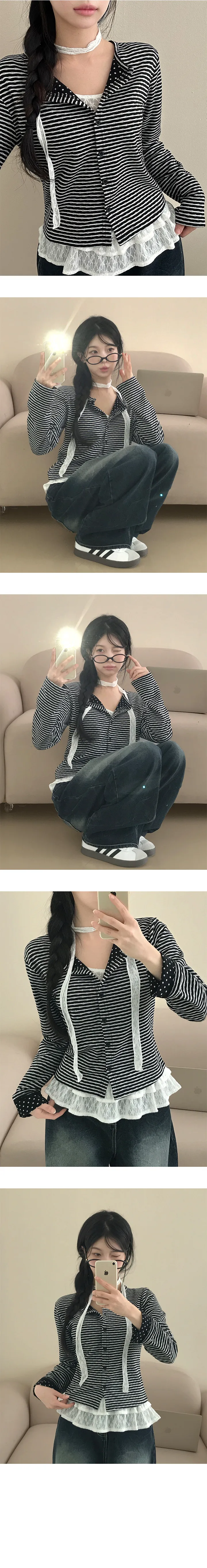 *묶음할인[유니크🖤/빈티지감성] 키치 스트라이프 도트 크롭 가디건 상세 이미지 10