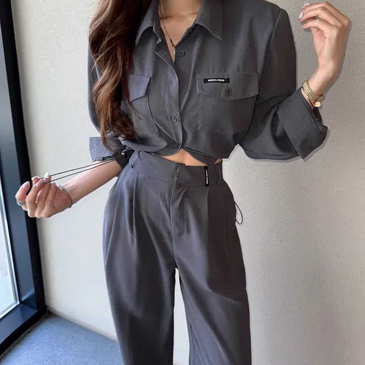 [패드내장/봄신상] 포켓 패치 스트링 또또 루즈핏 크롭 셔츠 남방 자켓 + 하이 롱 패치 버클 패치 와이드 팬츠 투피스 셋업 (2COLOR) 상세 이미지 15
