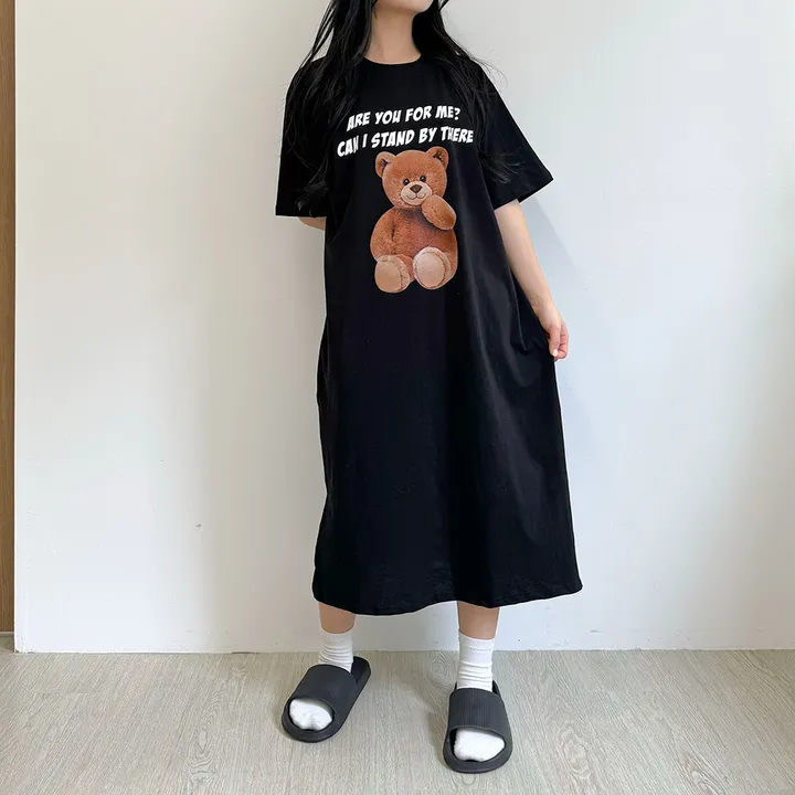 [국내/부드러운] 베어🐻 프린팅 반팔 롱 원피스 - 4color 상세 이미지 33