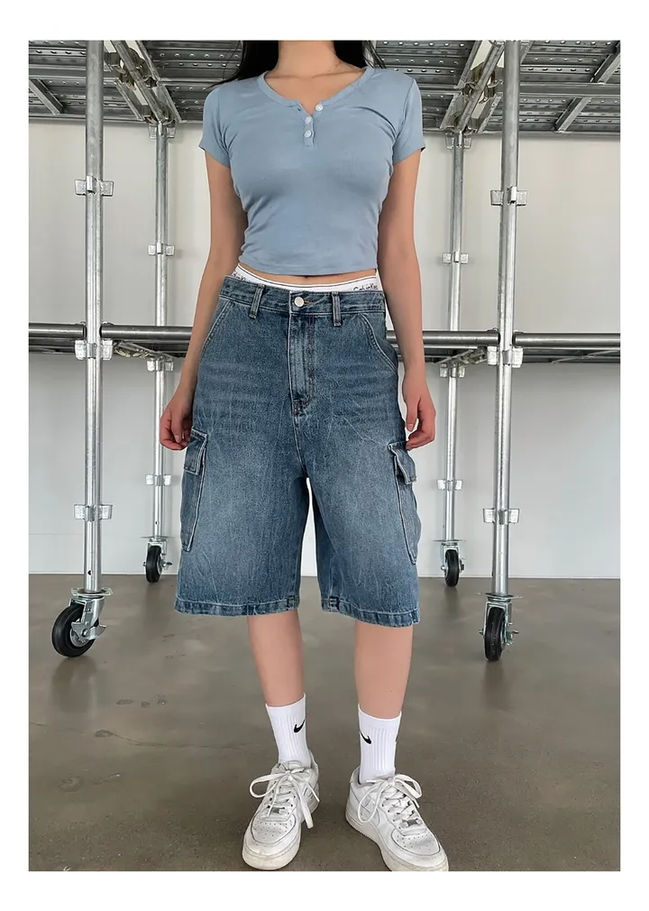 [UNISEX] 카고 데님 청 워싱 버뮤다 반바지 팬츠 (2color) 상세 이미지 15