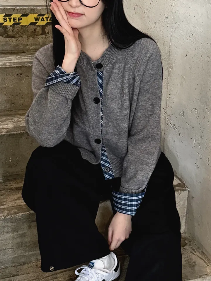 [5color/개강룩] 체크 배색 니트 가디건 상세 이미지 37