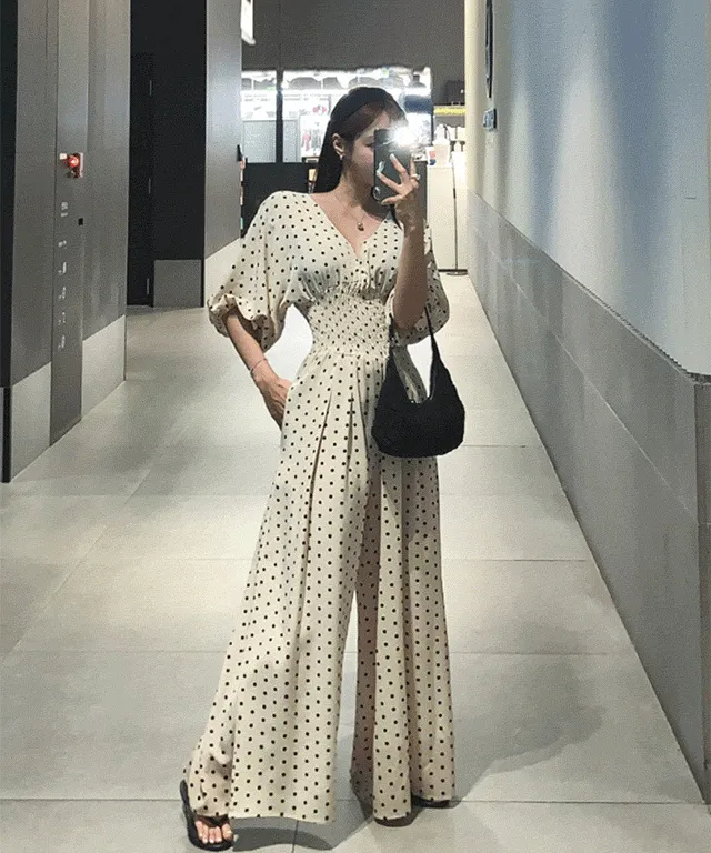 미스텔 도트 밴딩 점프수트