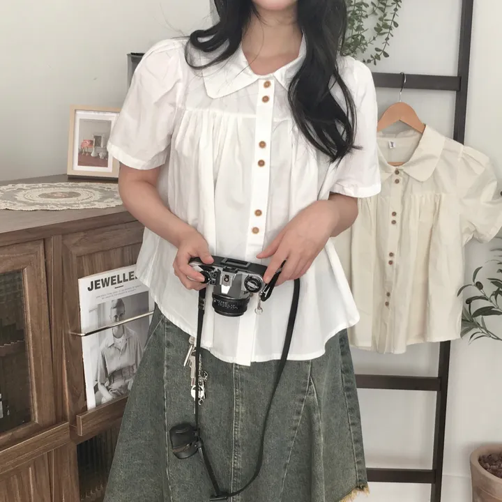 (특가!) [빈티지/우드버튼🌲] 모리걸 라운드카라 셔링 우드 투버튼 반팔 블라우스 상세 이미지 19