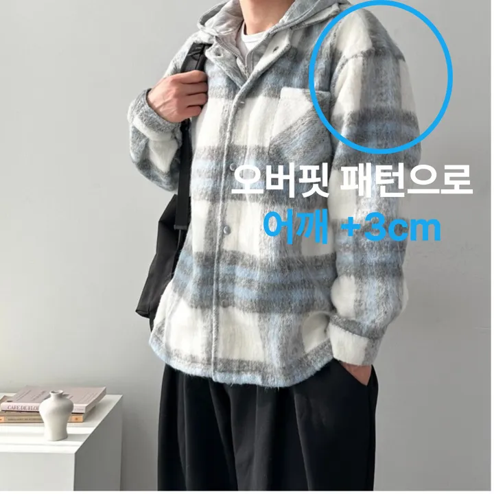 오버핏 체크 하프 코트 자켓 후드 레이어드 미니멀 빅사이즈 아우터 후드레이어드하프체크코트 상세 이미지 4