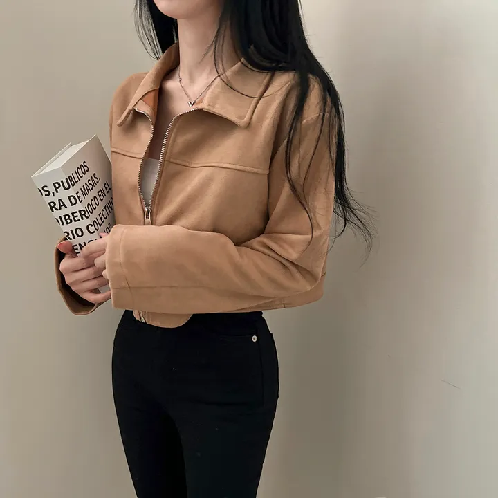 [어깨패드O] 어텀 스웨이드 절개 카라 크롭 자켓 집업 상세 이미지 12