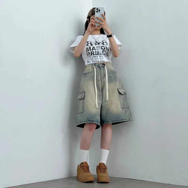 1+1할인 [인생핏/사이즈조절] Y2K 빈티지 워싱 스트랩 카고 와이드 버뮤다 데님 반바지 팬츠 상세 이미지 6