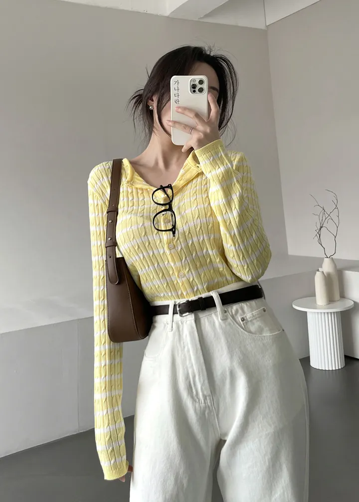 [데일리템💛/쫀쫀스판] 가나다란 리버 스트라이프 단가라 케이블 꽈배기 니트 가디건 4color 상세 이미지 11