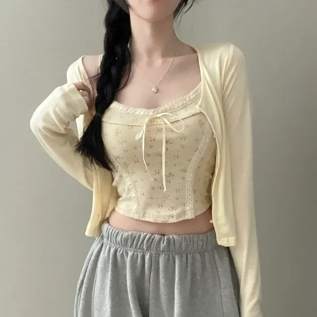 [ 가디건+나시/플라워패턴💛 ] 아미 레이스 플라워 나시,콩단추 가디건set (2col) 상세 이미지 2