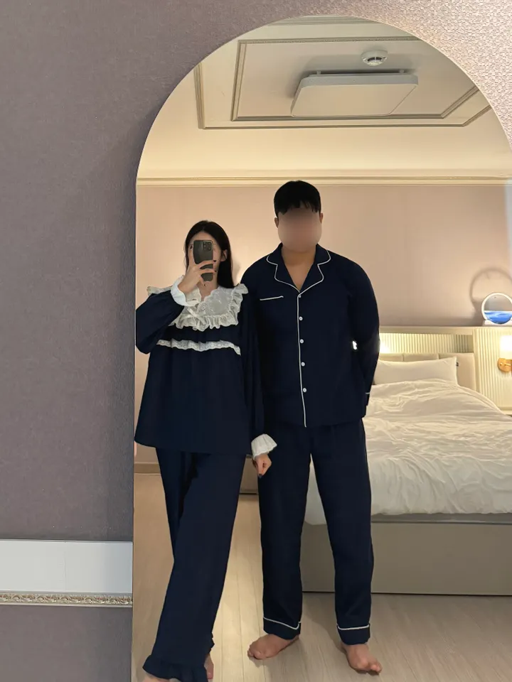 [단품가능] 네이비 코튼 커플 투피스 잠옷 세트 봄 가을 홈웨어 파자마 상세 이미지 7