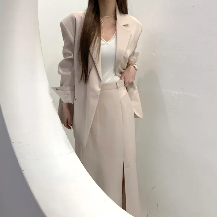 *한정수량원가 SALE* 국내 하이퀄리티 기본 수트 자켓 절개 슬릿 롱 스커트 하객룩 정장 오피스룩 투피스 세트 셋업 2color 상세 이미지 14