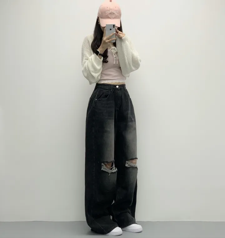당일🚀[숏,롱/~XL/찐인생바지] 슬릿 찢청 폴딩 빈티지워싱 벌룬핏 옆핀턱 와이드팬츠 무릎트임 데님 청바지 기장선택 빅사이즈까지 오버핏팬츠 여름청바지 상세 이미지 34