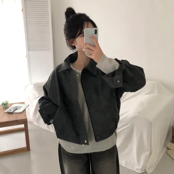 [고급레더!핏보장🤎]매트 무광 오버핏 가죽 레더 스웨이드 블루종 자켓 점퍼 2color 상세 이미지 34