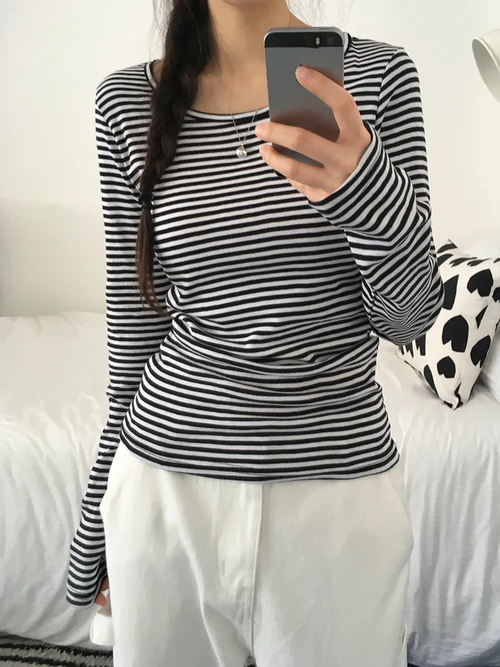 [슬림핏!/간절기,봄필수! 잔단가라 라운드넥 단가라티셔츠 긴팔티셔츠 이너티 기본티] 엘리슬림핏단가라긴팔T 상세 이미지 41