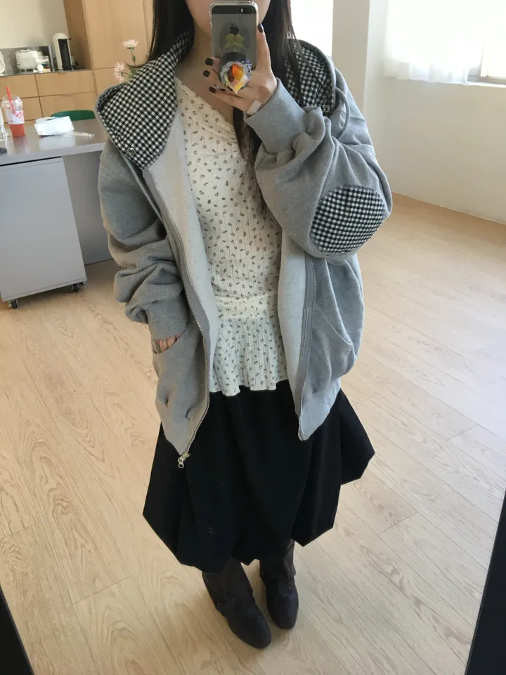 (*주문폭주 입고지연*)(2 color) 체크 패치 투웨이 후드집업 상세 이미지 14