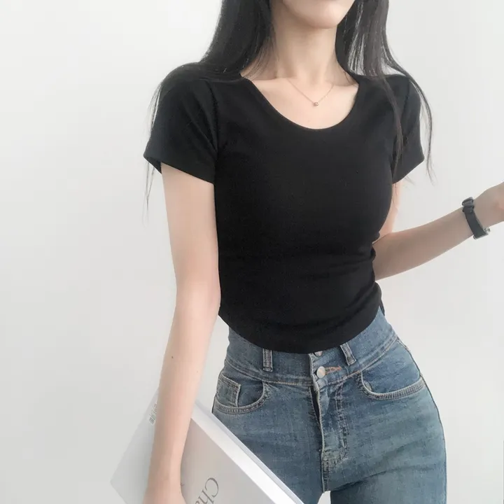 최저가🚚당일출고🚚[2개묶음할인/필수템] 넥들뜸X 부드러움, 깔끔 유넥 옆셔링 크롭 반팔 티셔츠 상세 이미지 28