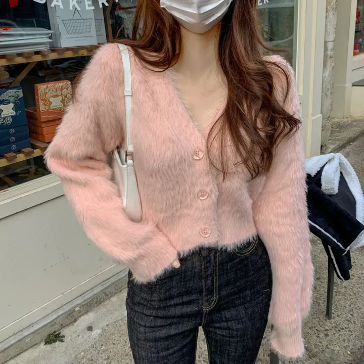 [심쿵핏/털빠짐X] 따뜻 도톰 파스텔 루즈핏 앙고라 모헤어 크롭 브이넥 벌룬 소매 깃털 퍼 니트 가디건 상세 이미지 4