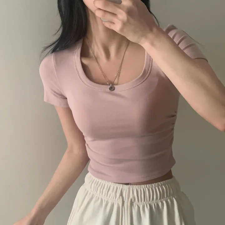 [파스텔🤍/MADE] 보장된핏, 옆셔링 스퀘어넥 반팔 크롭티셔츠 - 8color 상세 이미지 24